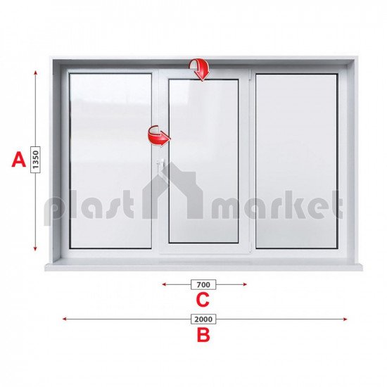Кухненски прозорец троен Veka Softline 70 - 70 мм със средно крило 205/135 см